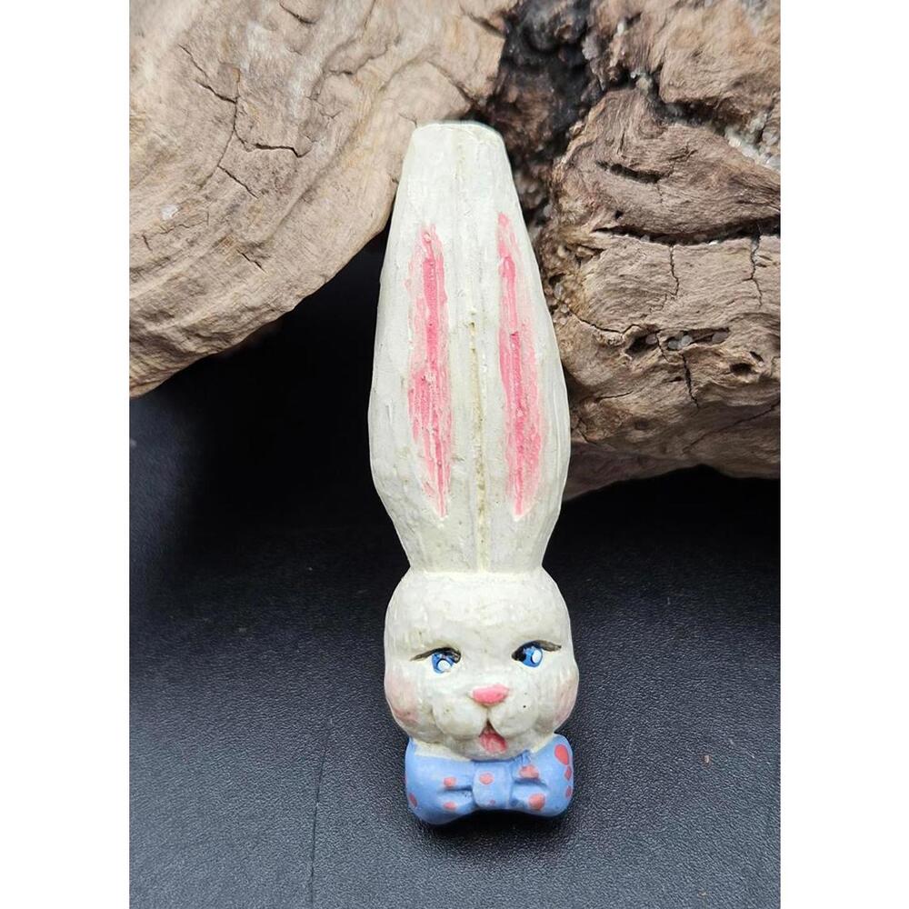 Vintage Easter Bunny Rabbit Head Pin Brooch Carved Wood Look Blue Bow Tie